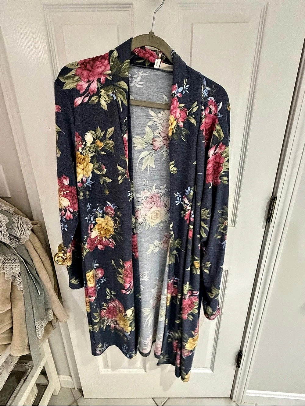 Women's Floral Open Front Jacket in Blue & Pink
